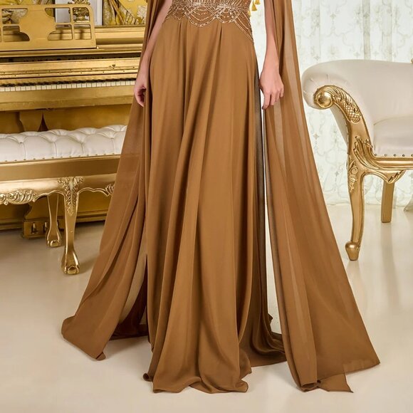 New A-Line Soft Chiffon Beaded Mother Of Bride Gown w/ Cape Sleeves GL3785 - Picture 9 of 14